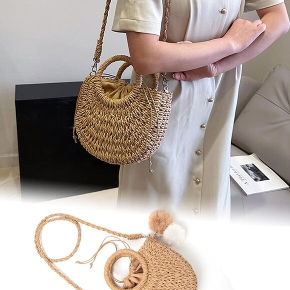 Women's Straw Beach Crossbody Bag Mini Tote Handwoven Summer Shoulder - Picture 5 of 7